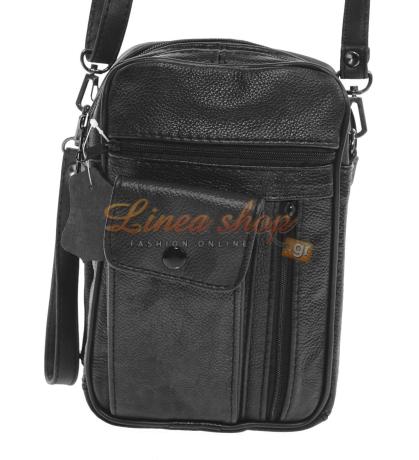 rcm 03d ανδρική δερμάτινη τσάντα με λουρί ώμου & χειρός μαύρη
