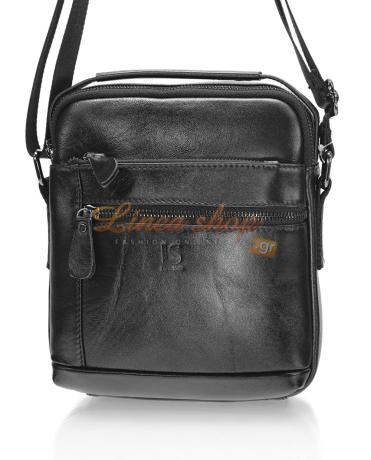 LS 02384 Αντρική δερμάτινη τσάντα Μαύρη